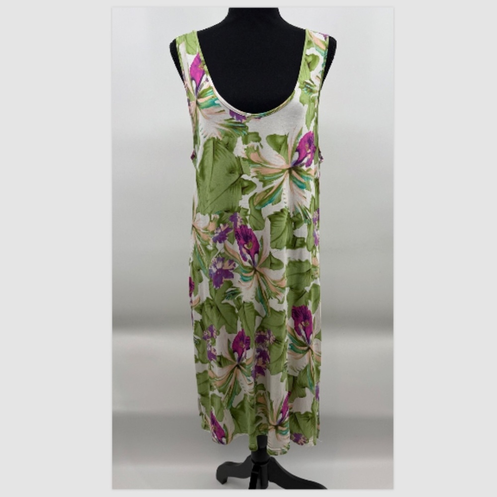 Pineapple Moon Dress Women Large Green Pink Tropical Floral Vintage Sleeveless